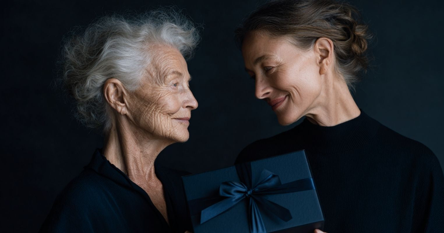 Une femme offre un coffret cadeau émotion Althéa à sa maman senior fragile
